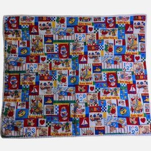 Vintage Handmade Teddy Bear Lets Play Red Blue Baby Blanket ABC 39"X31"
